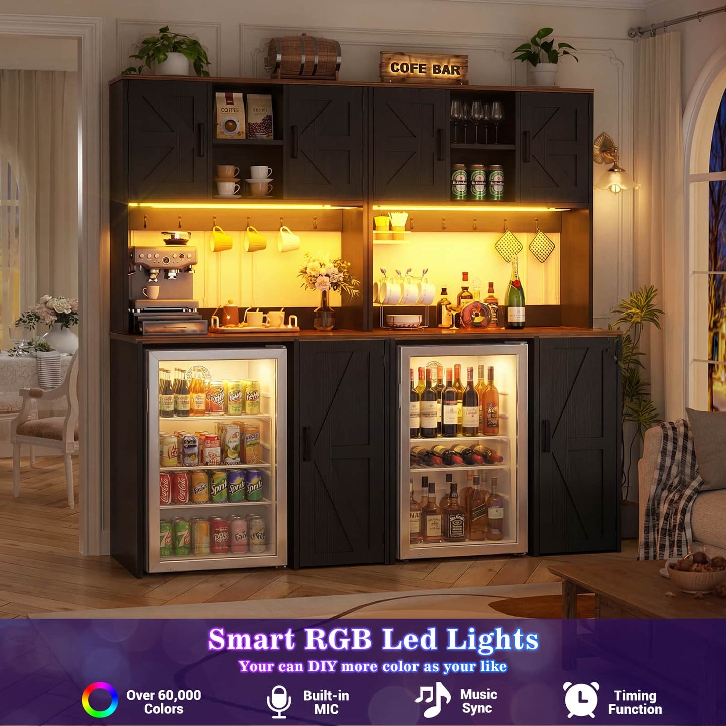 3-in-1 Mini Fridge Cabinet & Coffee Bar Station - with Power Outlet, LED Light, Microwave Shelf & Wine Storage