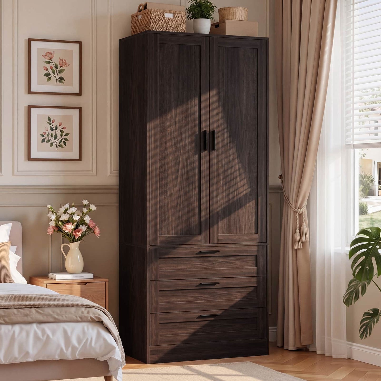 71" Tall Armoire Wardrobe Closet - 3 Drawers, Doors & Hanging Rod, Extra Deep 20" Bedroom Storage with Soft-Close Hinges