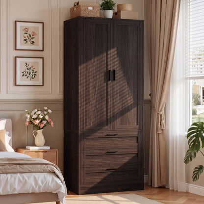 71" Tall Armoire Wardrobe Closet - 3 Drawers, Doors & Hanging Rod, Extra Deep 20" Bedroom Storage with Soft-Close Hinges