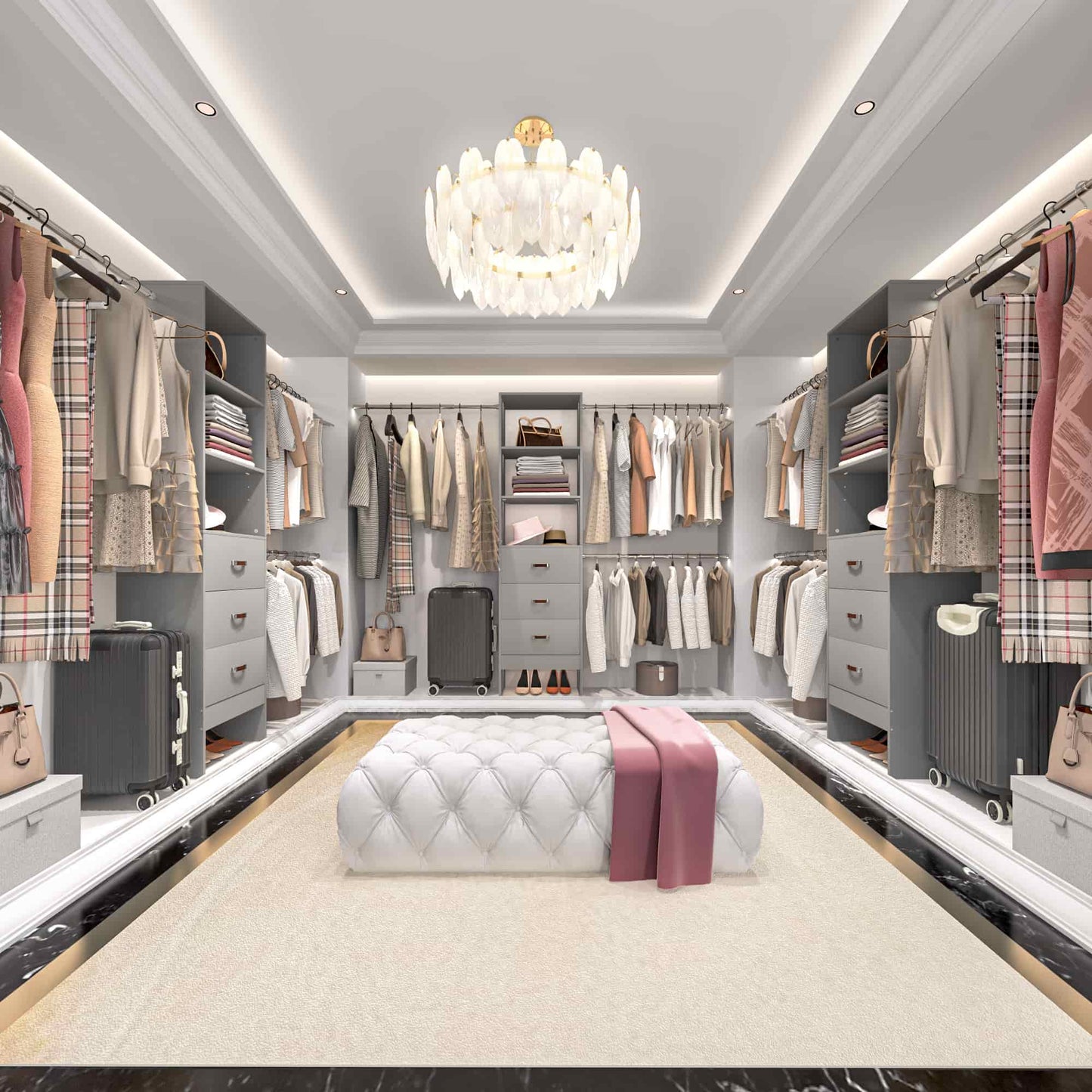 Adjustable 5-8FT Wall-Mounted Closet Organizer System with 3 Hanging Rods & 3 Wood Drawers