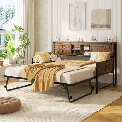 Twin Size Daybed with Trundle, Daybed with Charging Station & Storage Headboard, Heavy Duty Metal Sofa Bed Frame with Pop-up Trundle