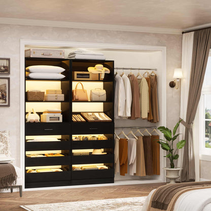 2-Pack Closet Organizer System: Dual 4-9Ft Adjustable Wardrobe Racks with 8 Wooden Drawers, Double Tower Storage, 8 Hanging Rods & Garment Racks ﻿
