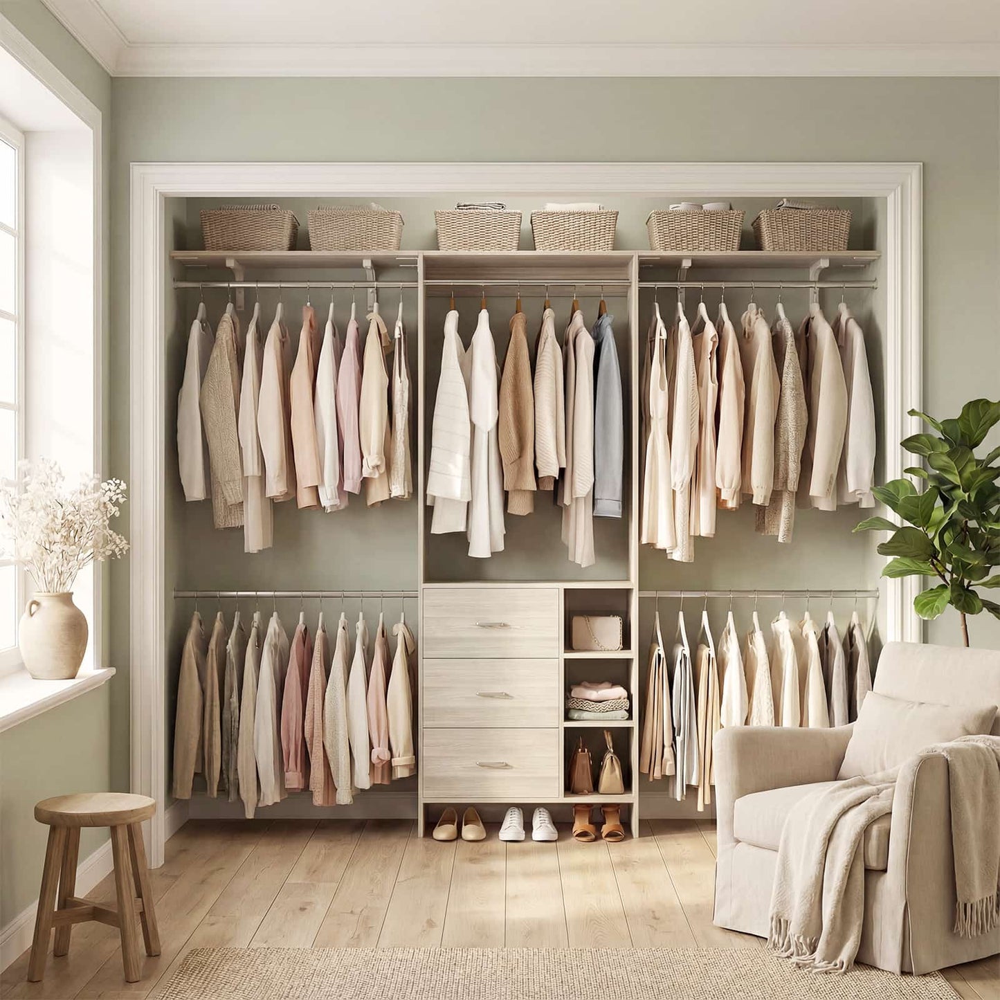 8FT Walk-in Armoire Closet Organizer with 3 Wooden Drawers & Hanging Rods, Adjustable Garment Rack for 5.3-9 ft Spaces,Wardrobe Storage Shelf