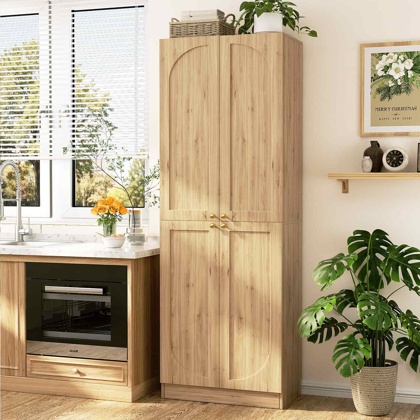 80" Kitchen Pantry, Extra Tall Arch Storage Cabinet with 4 Doors and Adjustable Shelves