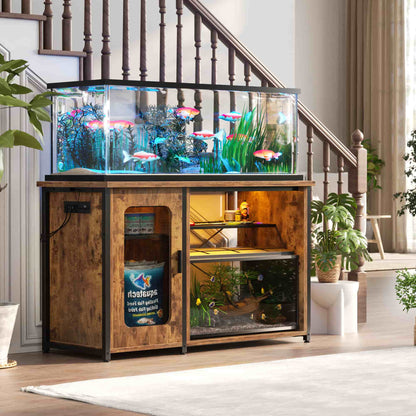 Heavy Duty 55-75 Gallon Aquarium Stand with Power Outlets, LED Light & Storage Cabinet - Reversible Metal Fish Tank Stand, 880LBS Capacity