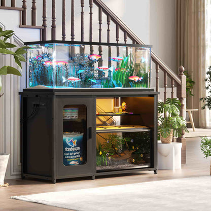 Heavy Duty 55-75 Gallon Aquarium Stand with Power Outlets, LED Light & Storage Cabinet - Reversible Metal Fish Tank Stand, 880LBS Capacity
