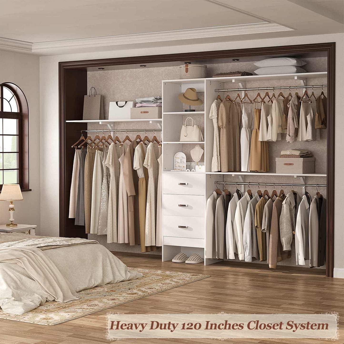 120'' W Closet System with Drawers, Closet Organizer with 3 Shelving Towers