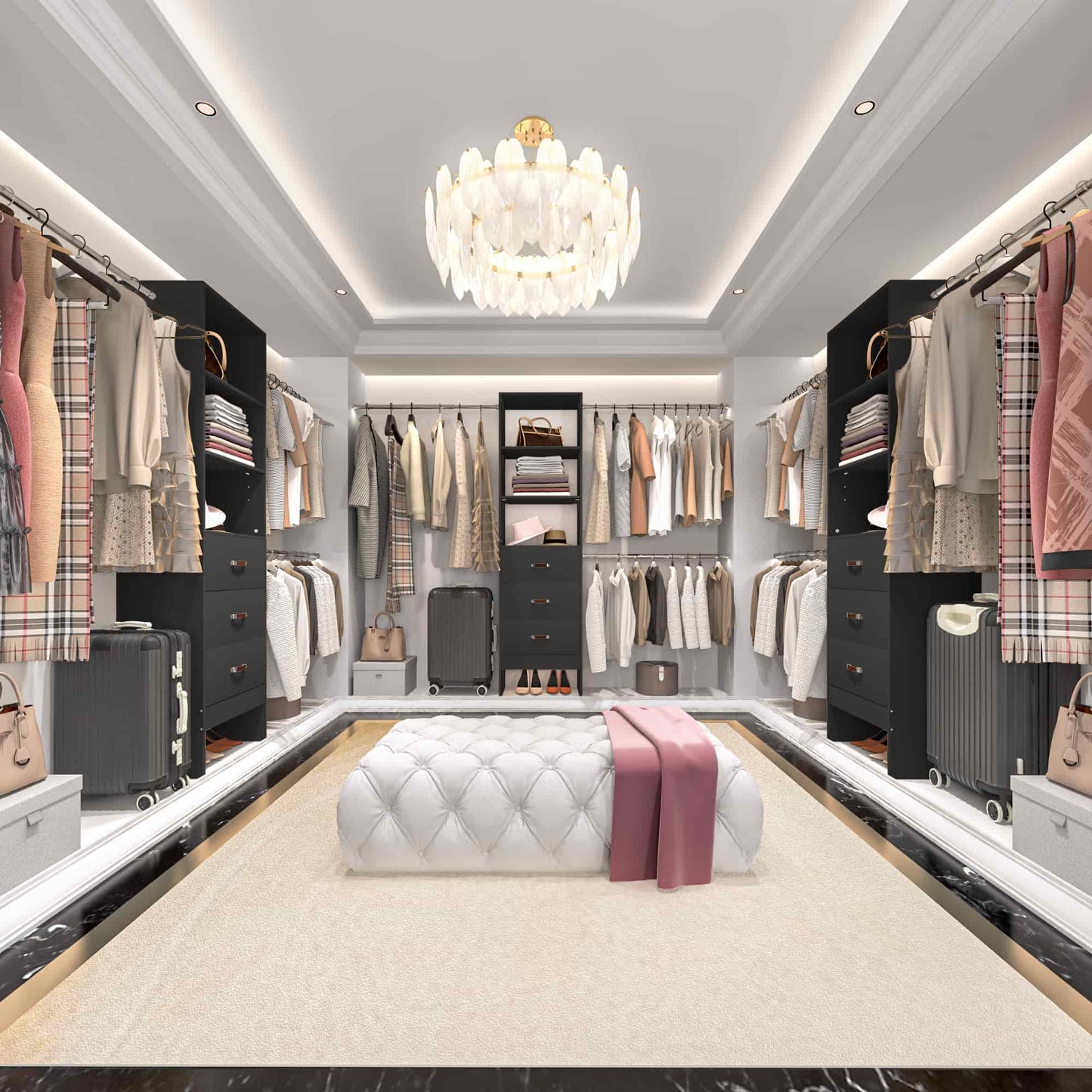 Adjustable 5-8FT Wall-Mounted Closet Organizer System with 3 Hanging Rods & 3 Wood Drawers