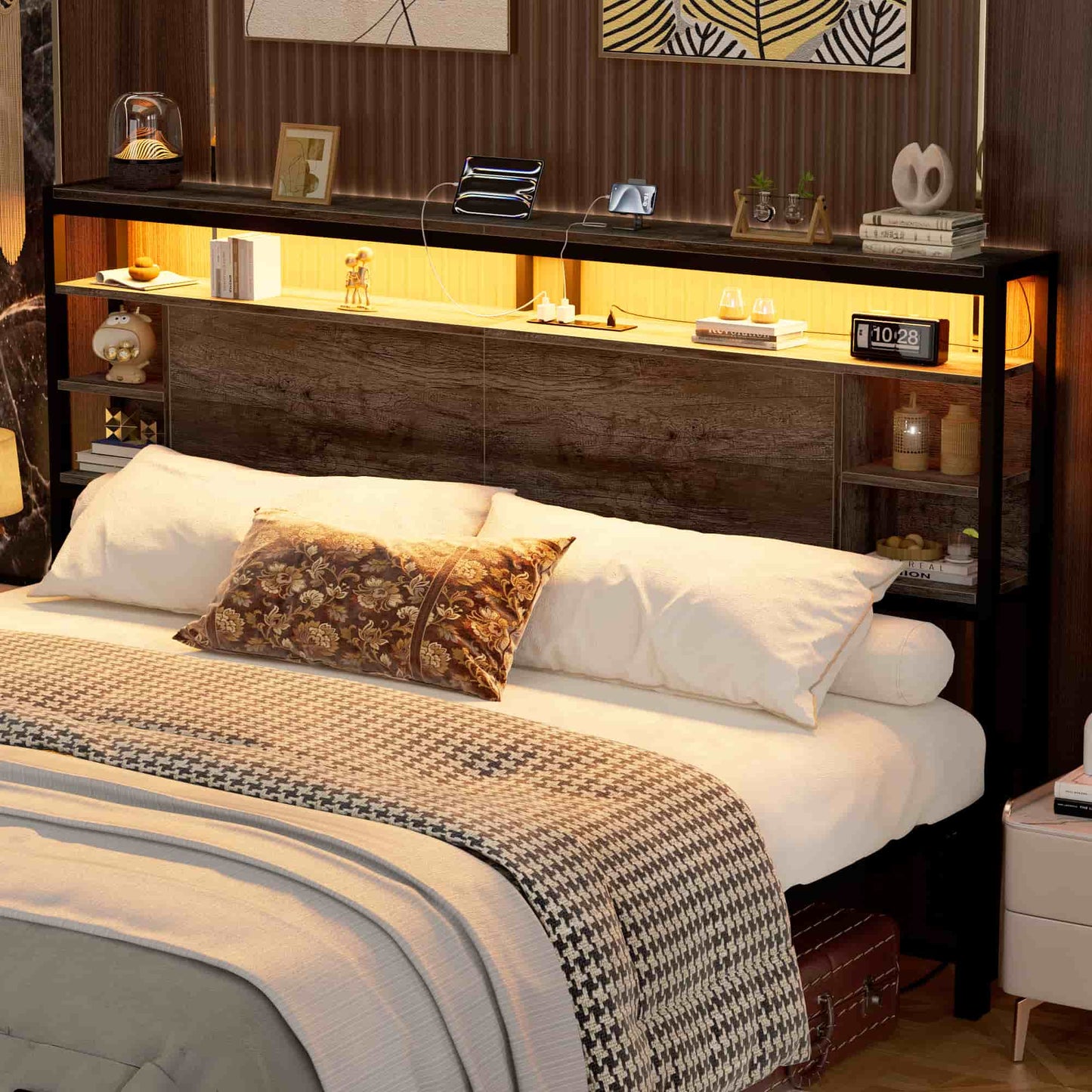 King Headboard with Storage, Headboards with Power Outlets and Smart LED Light, Sturdy Head Board for King Size Bed