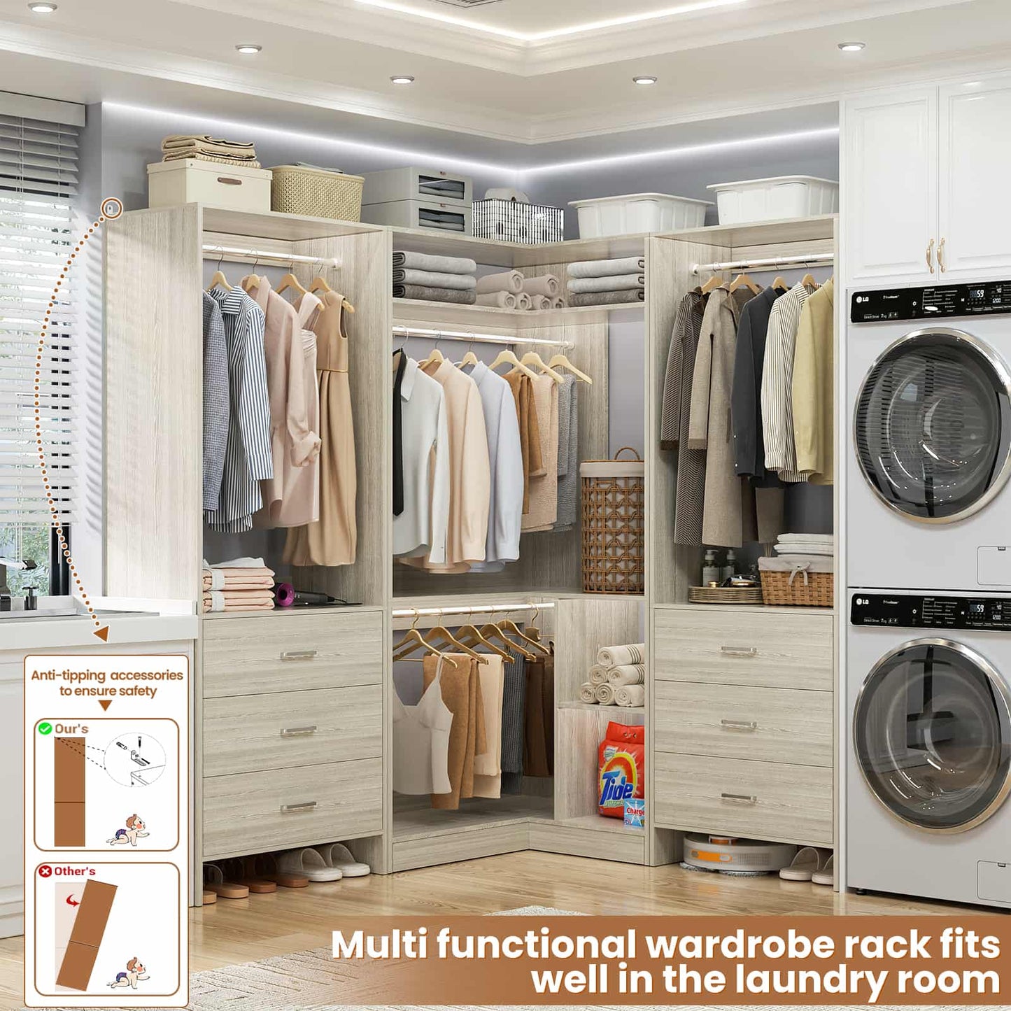 81'' Closet System with 6 Drawers, 4 Hanging Rods & Corner Tower