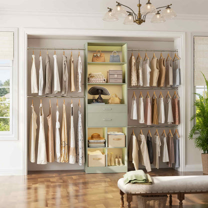 4-8 FT Walk-in Closet Organizer Tower, 2 Wooden Drawers + 5 Hang Rods, Built-in Shelves, Fit 60-96'' Closet Systems