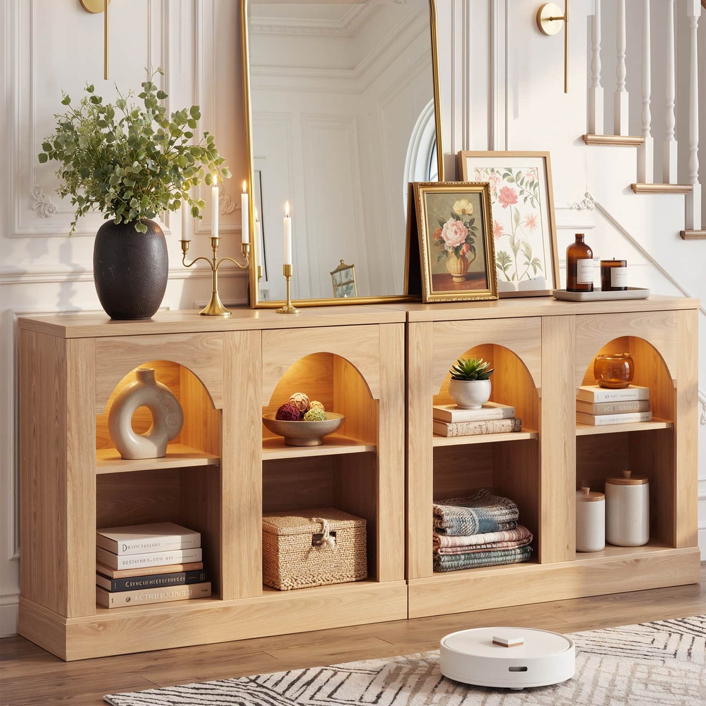 94" Natural Oak Arched Console Table with LED Lights & Adjustable Shelves - Farmhouse Sofa Table, Sideboard Buffet