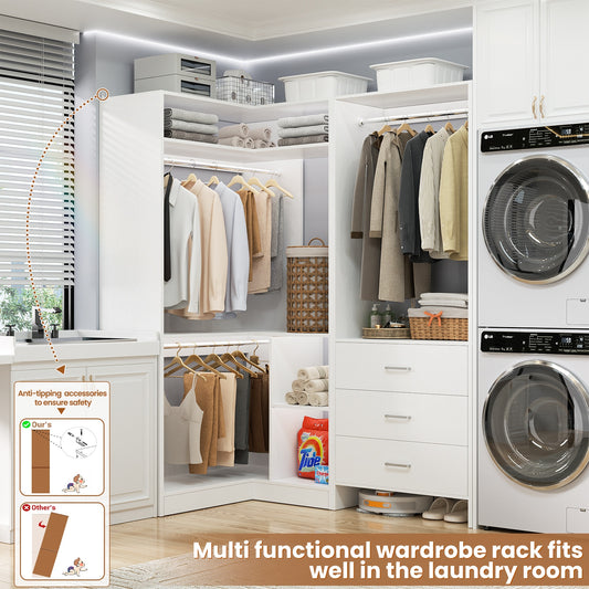 Closet System with 3 Drawers, 2 Hanging Rods & Corner Tower