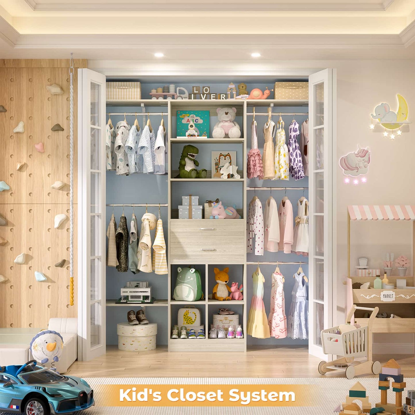 5FT Small Closet System, Baby Closet Organizer System with Wooden Drawers