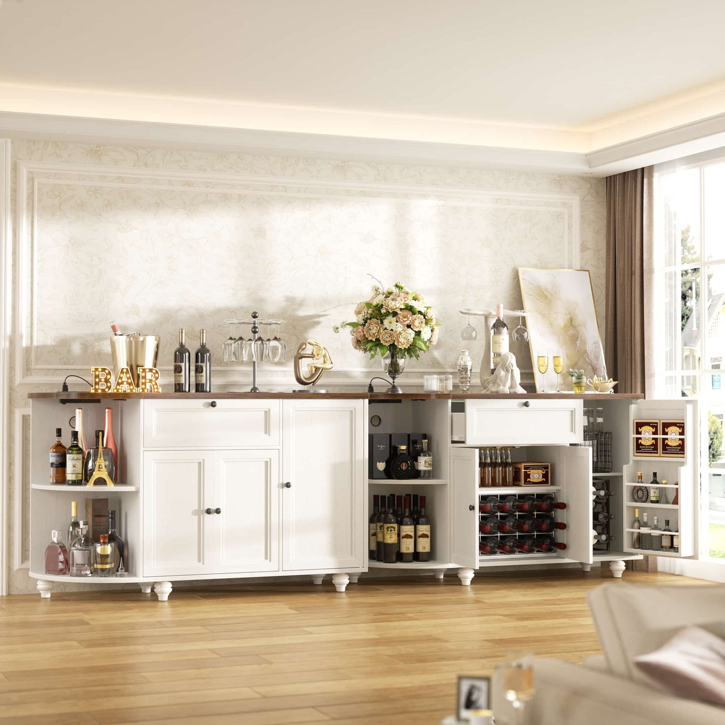 Kitchen Sideboard Cabinet Buffet Table with Power Outlets, 55"Coffee Bar Cabinet with Drawer, Wine Rack/Shelves
