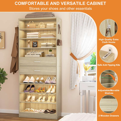 10-Tier Shoe Cabinet with 2 Drawers, 65cm Width Freestanding Closet Organizer