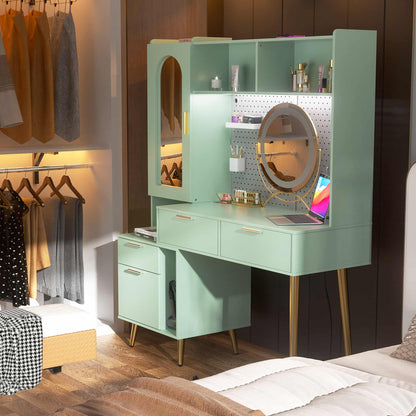 48" Makeup Vanity with Hutch, LED Lighted Mirror & Charging Station, 5 Large Drawers, Shelves, Pegboard & Cabinet