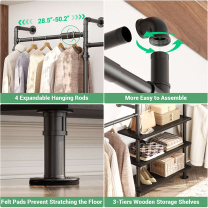 84"-128" Adjustable Metal Pipe Clothing Rack Wall-Mounted,Industrial Garment Rack with 3-Tier Wooden Shelves,Heavy-Duty 1000LBS Capacity
