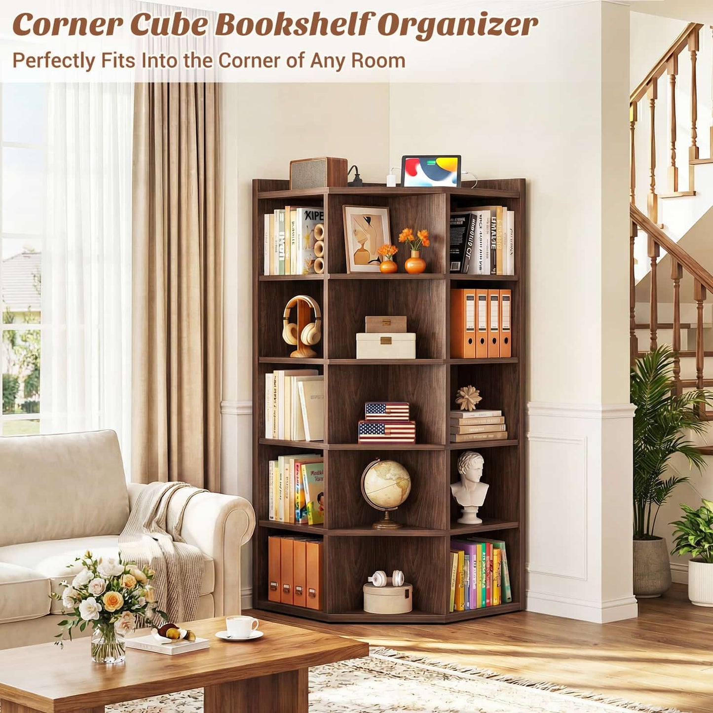 6-Tier Corner Cabinet with Power Outlets & 15 Cubes - Wooden L-Shaped Bookshelf, Toy Storage for Home Office, Bedroom, Living Room