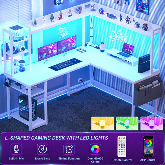 L Shaped Desk with Power Outlet and LED lights