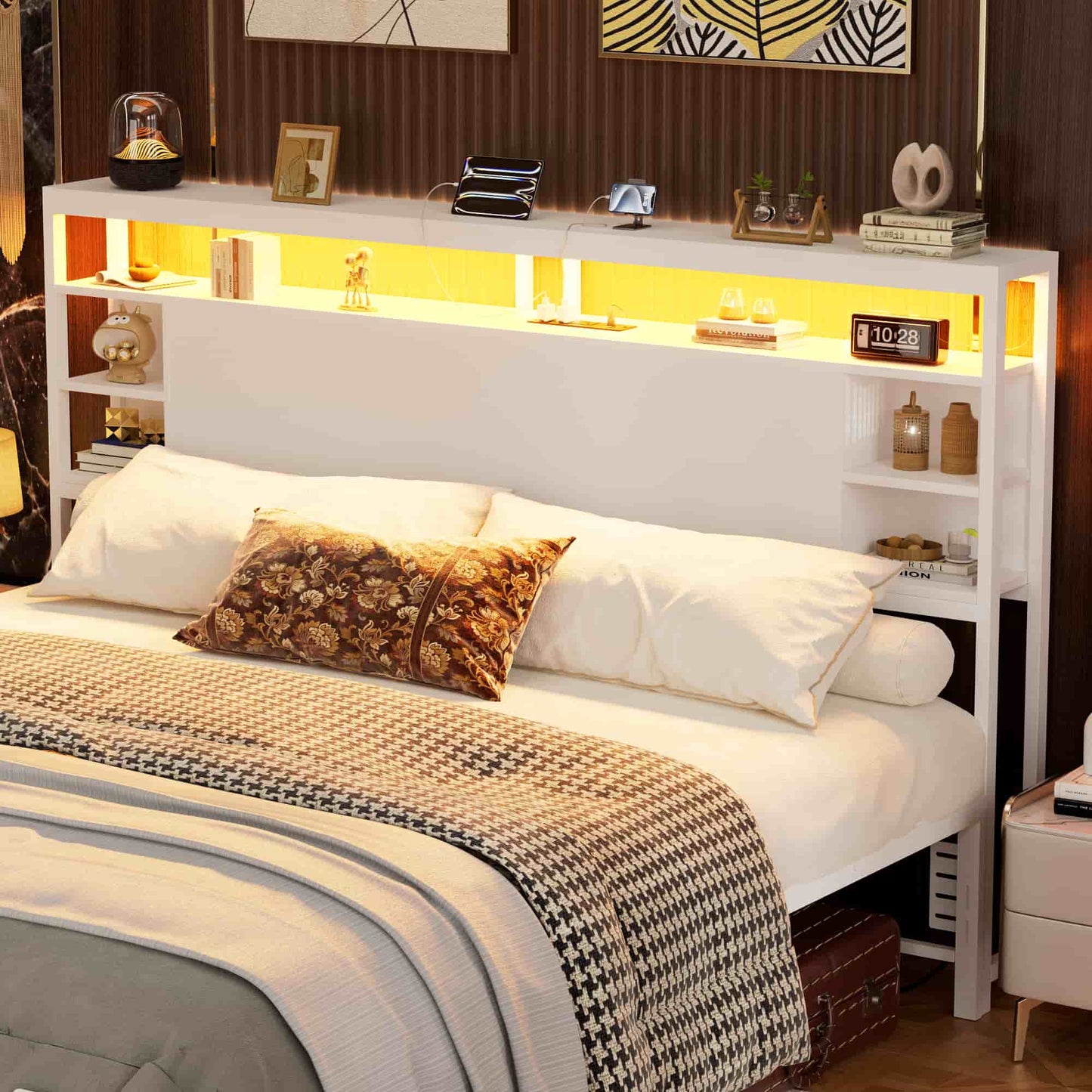 King Headboard with Storage, Headboards with Power Outlets and Smart LED Light, Sturdy Head Board for King Size Bed