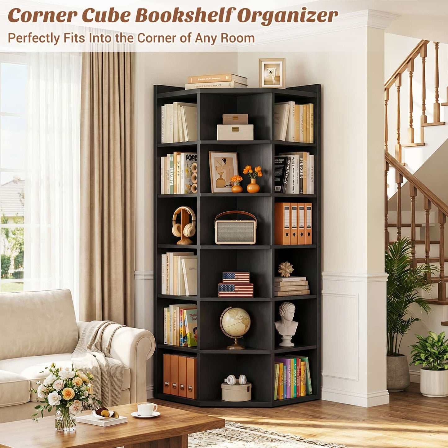 7-Tier Corner Cube Book Shelf - Wooden L-Shaped Storage Cabinet with Top Table for Small Spaces, Home Office, Bedroom, Living Room