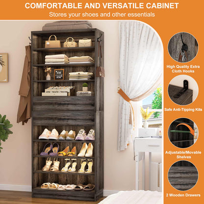 10-Tier Shoe Cabinet with 2 Drawers, 65cm Width Freestanding Closet Organizer