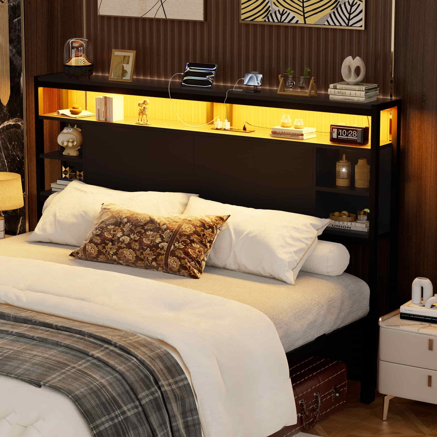 Queen Headboard with Storage, Headboards with Power Outlets and Smart LED Light, Sturdy Head Board for Queen Size Bed