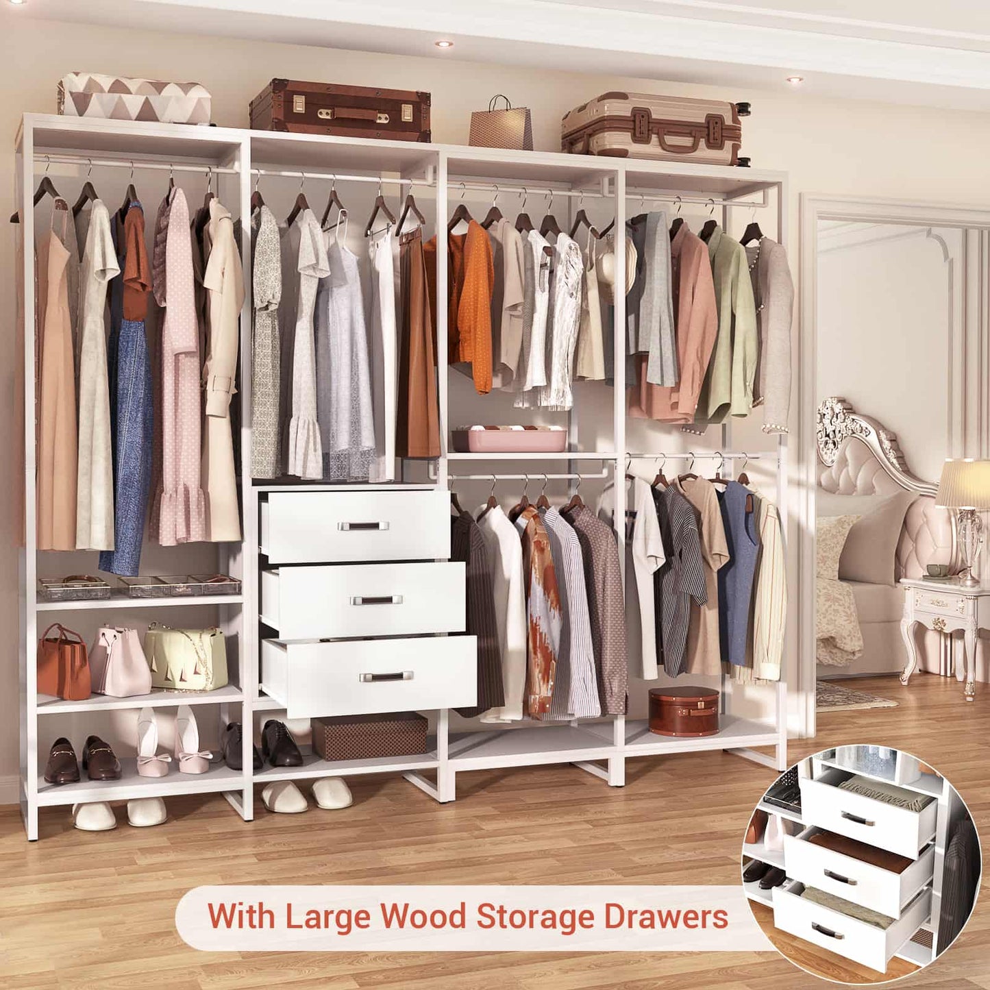 Closet System Organizer Walk-in Closet for Bedroom with 3 Wood Drawers