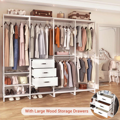Closet System Organizer Walk-in Closet for Bedroom with 3 Wood Drawers