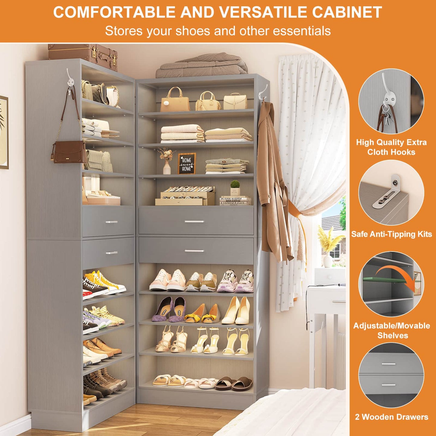 2-Pack 10-Tier Shoe Cabinet Set with 4 Drawers, 65cm Width Freestanding Organizer