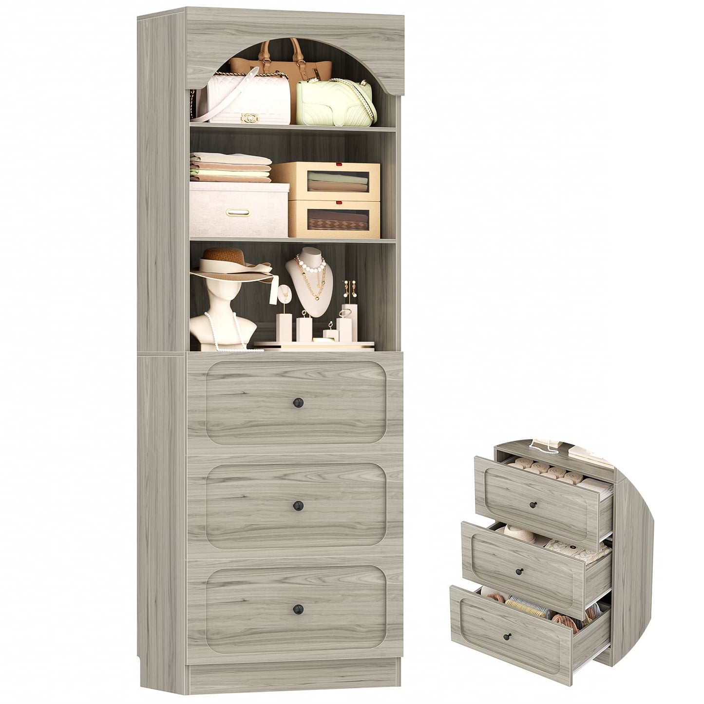 80" Tall Arched Bookcase with 3 Drawers & 3 Open Shelves - Wooden Storage Cabinet for Living Room, Kitchen