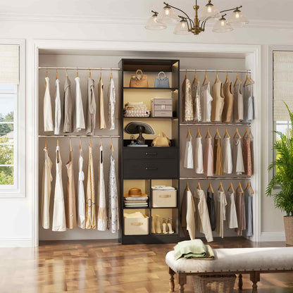4-8 FT Walk-in Closet Organizer Tower, 2 Wooden Drawers + 5 Hang Rods, Built-in Shelves, Fit 60-96'' Closet Systems