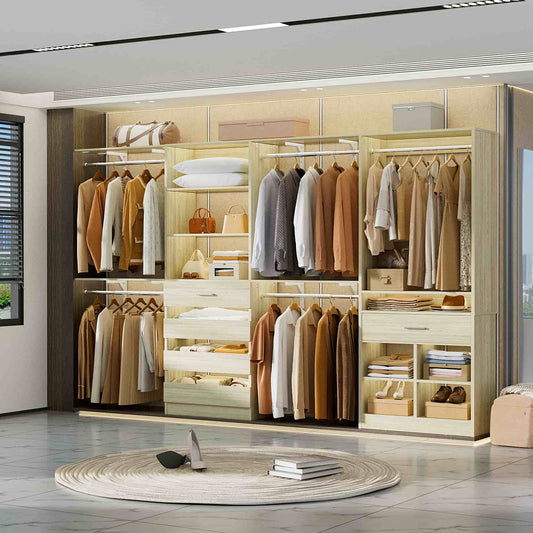 Walk-in Closet Organizer System set with 5 Wooden Drawers and 4 Hanging Rods, 4 Cubby Storage & Shelves, Space-Saving Tower Wardrobe