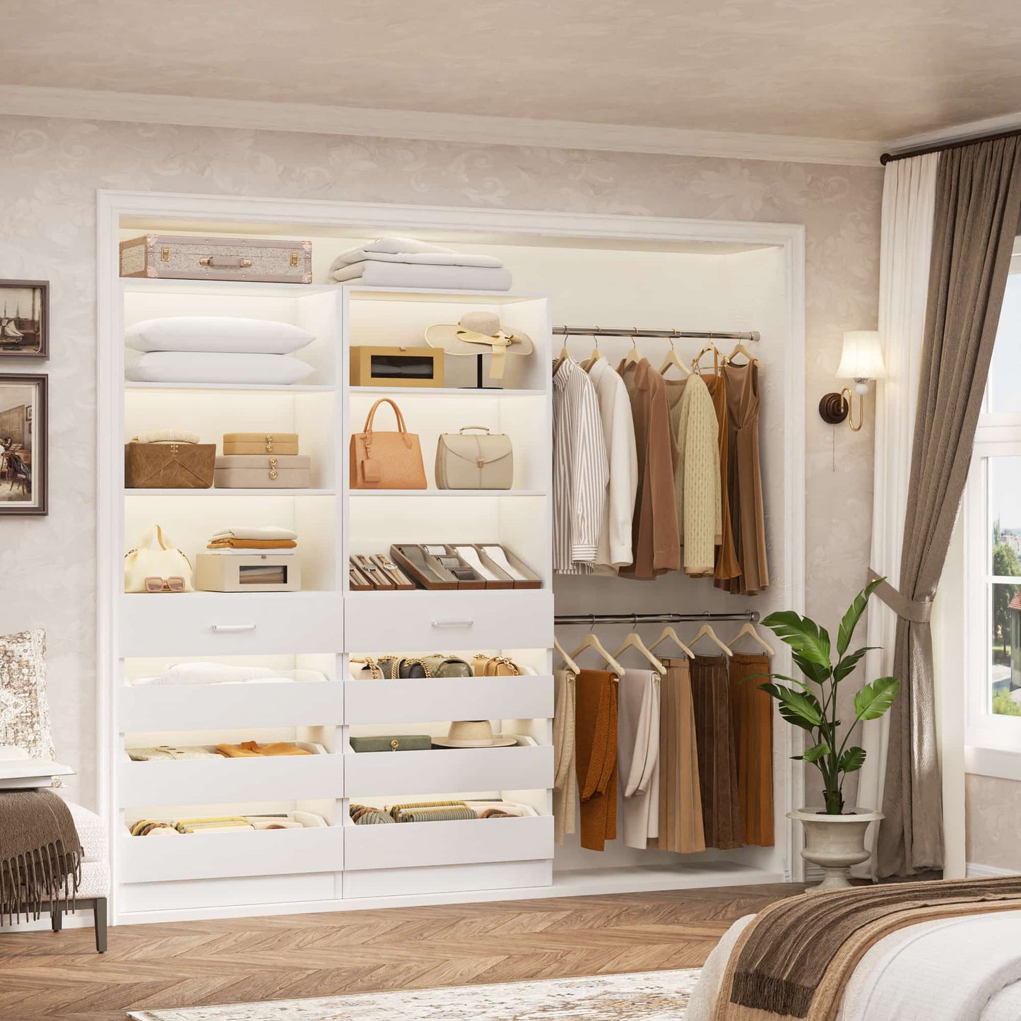 2-Pack Closet Organizer System: Dual 4-9Ft Adjustable Wardrobe Racks with 8 Wooden Drawers, Double Tower Storage, 8 Hanging Rods & Garment Racks ﻿