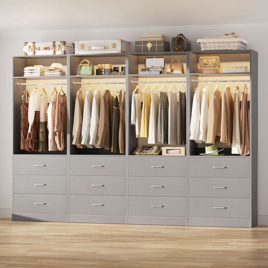 8FT (96 Inch) Closet Organizer System,Set of 4 - 12 Wood Drawers, 4 Hanging Rods & 4 Shelves