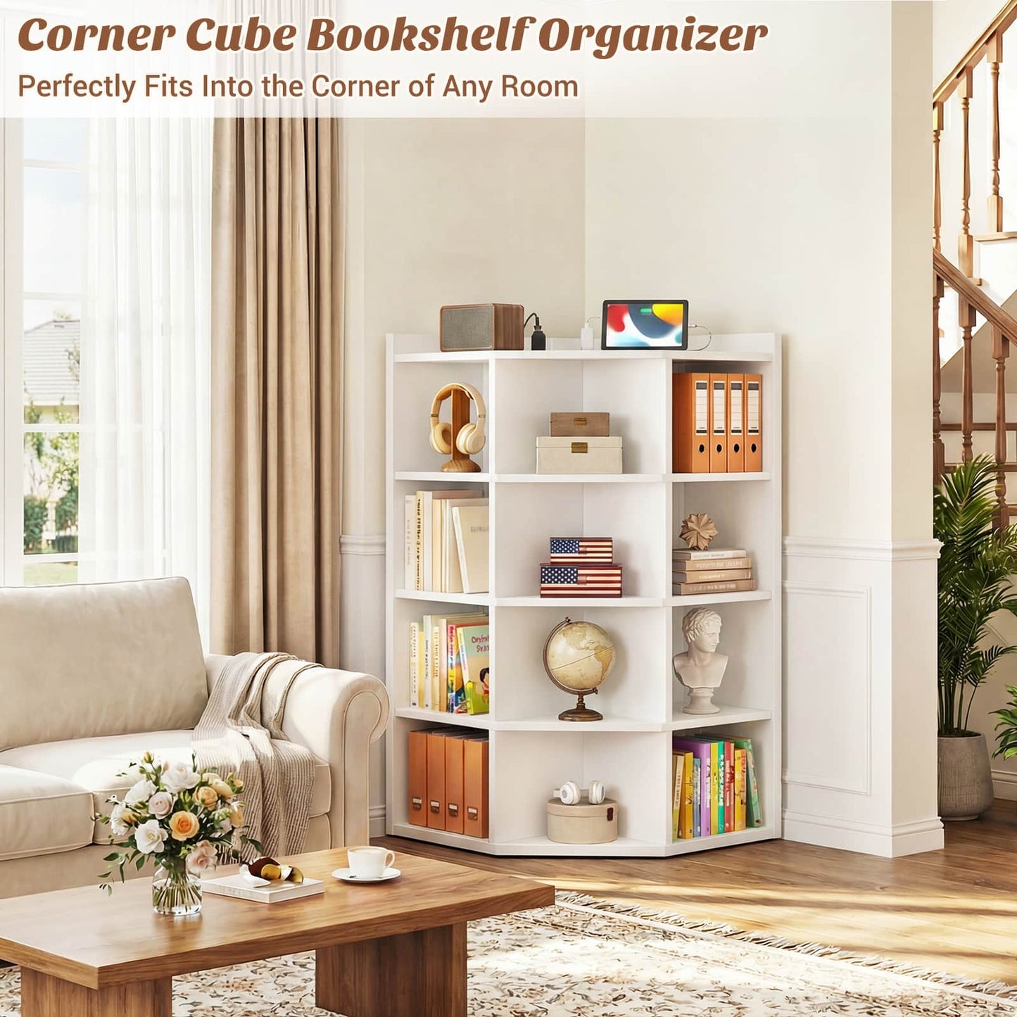 5-Tier Corner Cabinet with Power Outlets & 12 Storage Cubes - Wooden L-Shaped Bookshelf, Toy Organizer