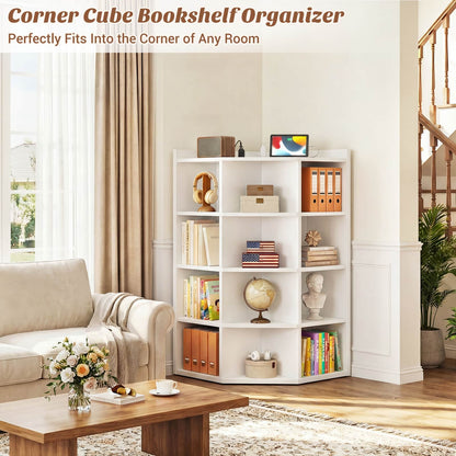 5-Tier Corner Cabinet with Power Outlets & 12 Storage Cubes - Wooden L-Shaped Bookshelf, Toy Organizer