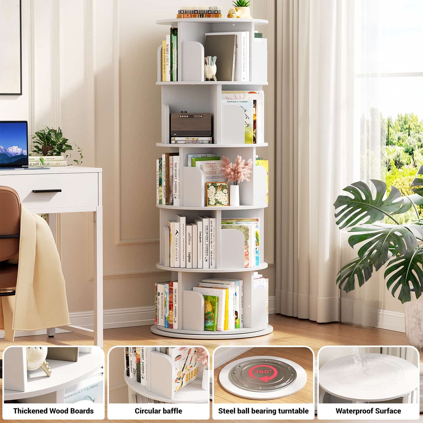 Rotating Bookshelf, 360 Display Wood Spinning Bookshelf Tower