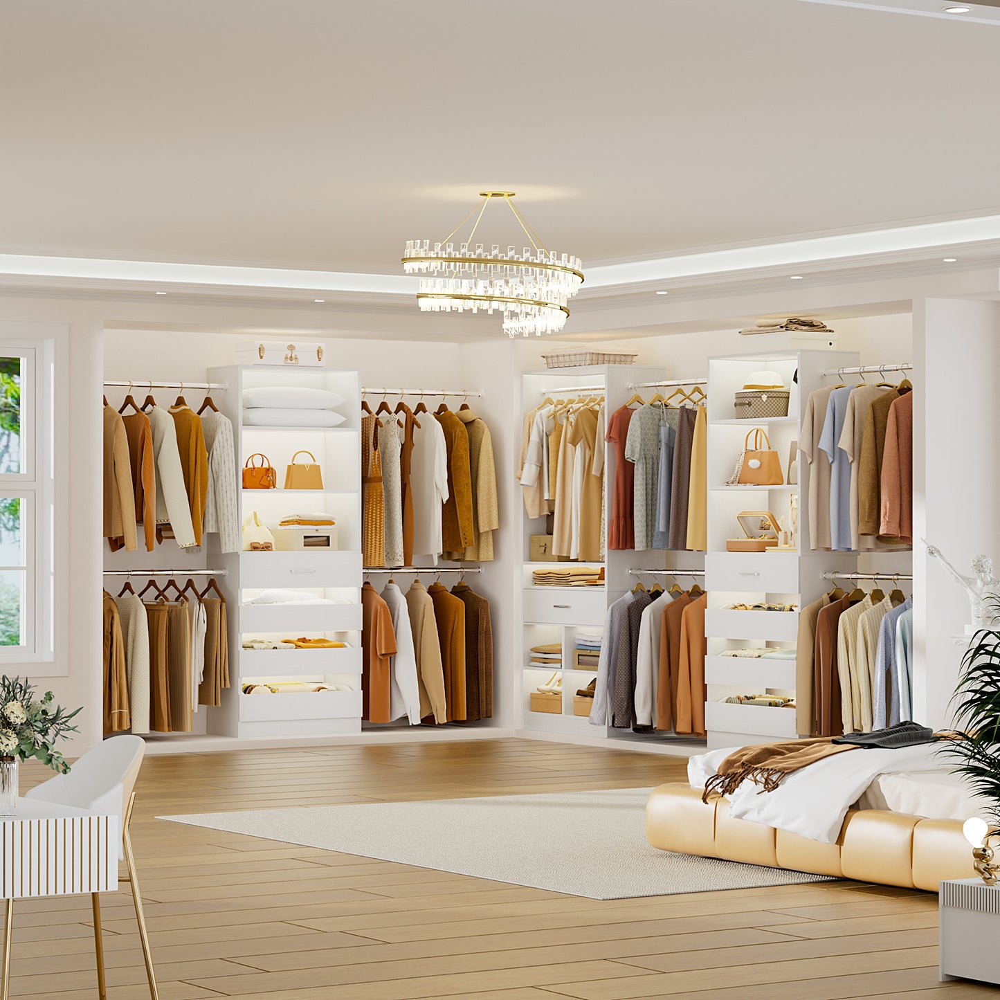 3 sets Wardrobe Closet - Two Adjustable Wooden Closet Systems with 8 Drawers & 8 Hanging Rods and One Freestanding Tower with 4 Cubby Storage