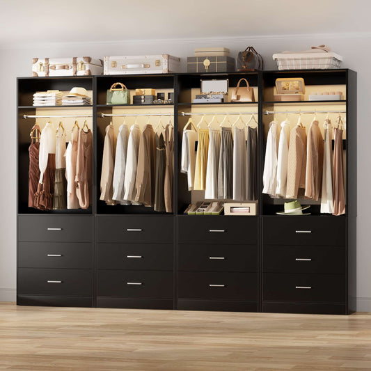 8FT (96 Inch) Closet Organizer System,Set of 4 - 12 Wood Drawers, 4 Hanging Rods & 4 Shelves