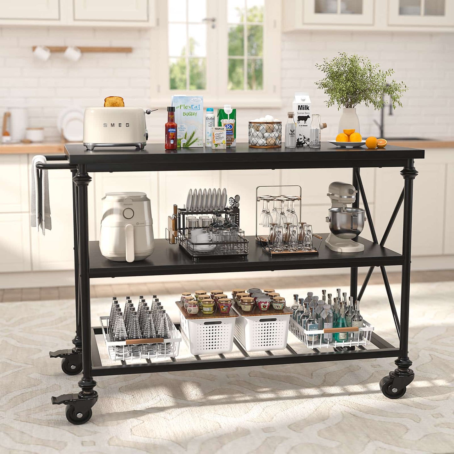 Industrial Mobile Kitchen Island Cart with Wheels: 3-Tier Storage, Lockable Casters for Kitchen, Dining & Small Spaces