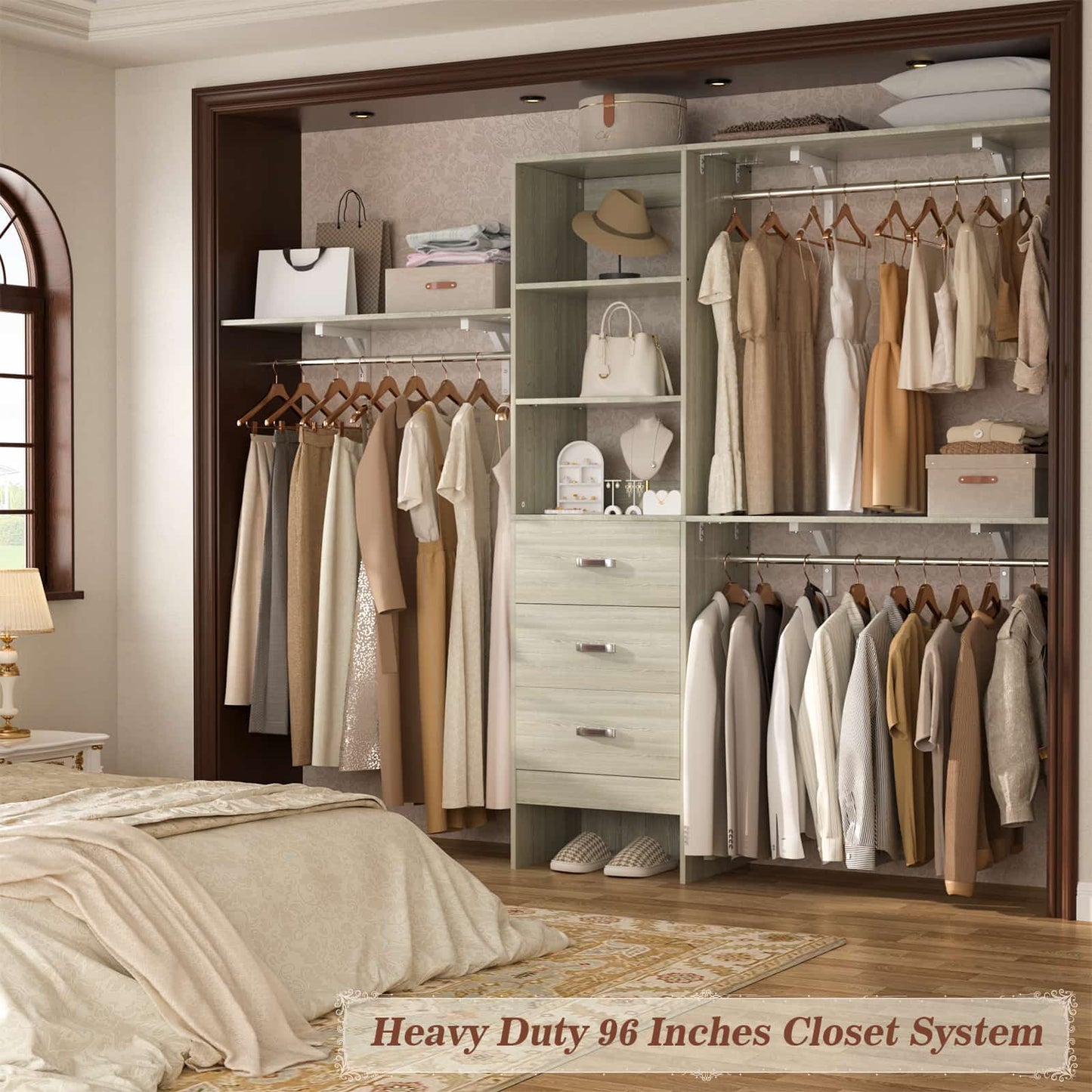96‘’ W Closet System, Walk In Closet Organizer with 3 Shelving Towers