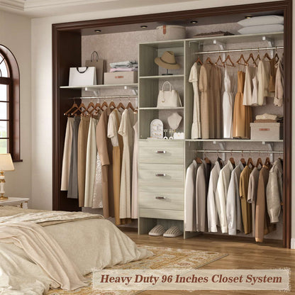96‘’ W Closet System, Walk In Closet Organizer with 3 Shelving Towers
