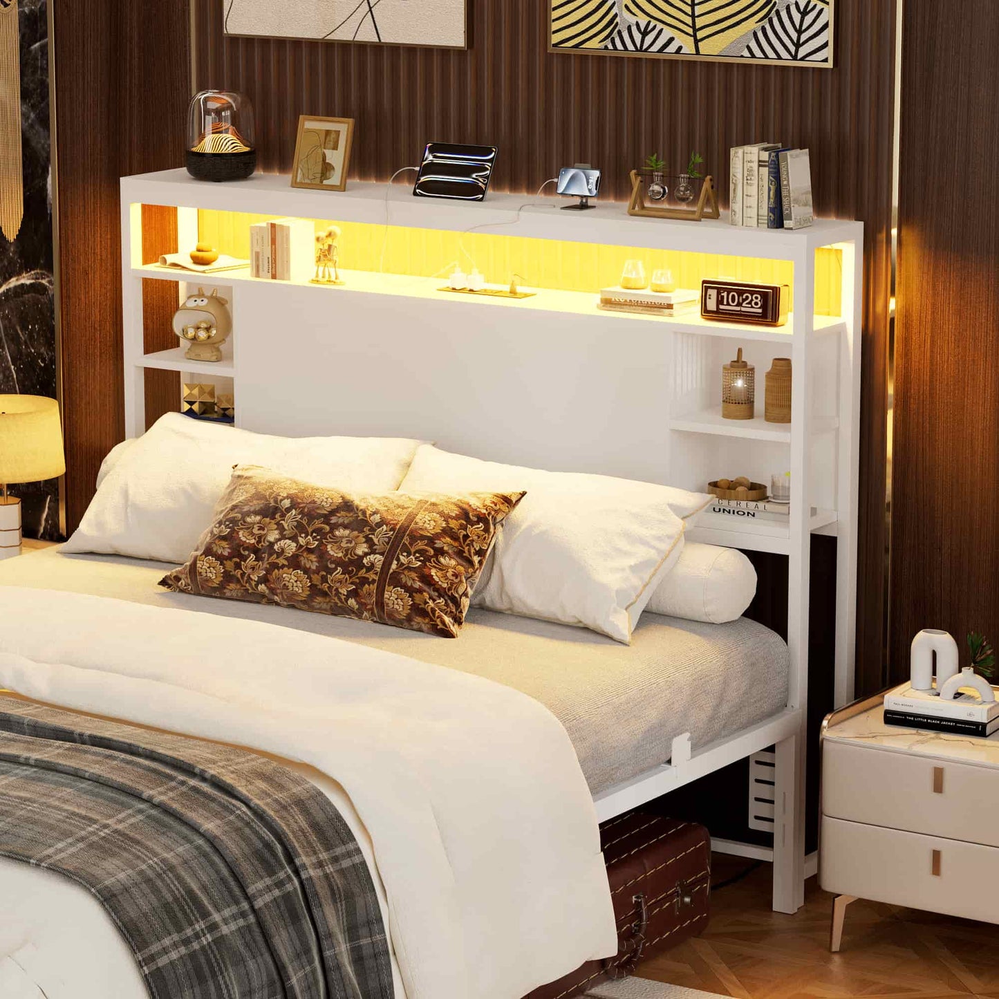 Full Headboard with Storage, Headboards with Power Outlets and Smart LED Light, Sturdy Head Board for Full Size Bed