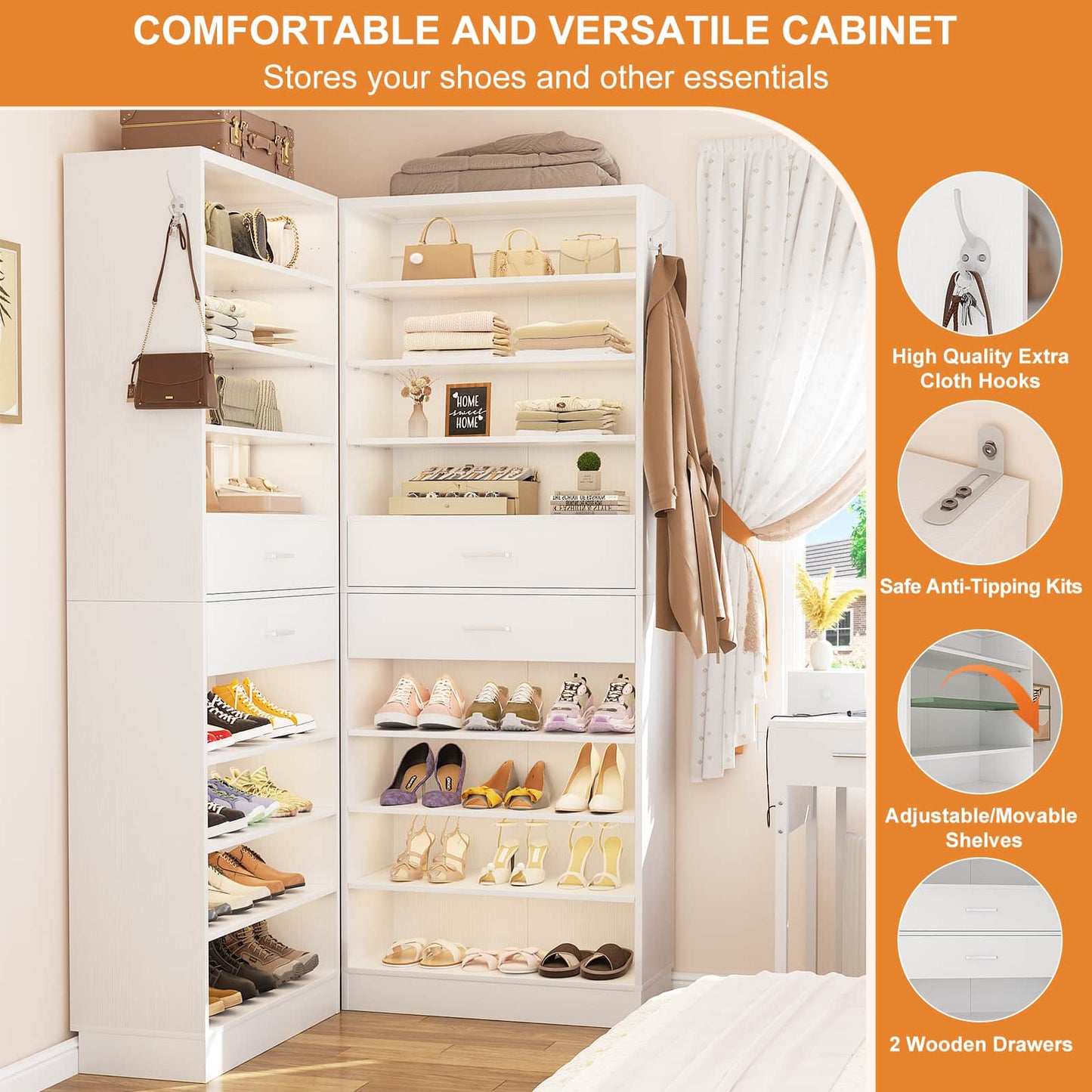 2-Pack 10-Tier Shoe Cabinet Set with 4 Drawers, 65cm Width Freestanding Organizer