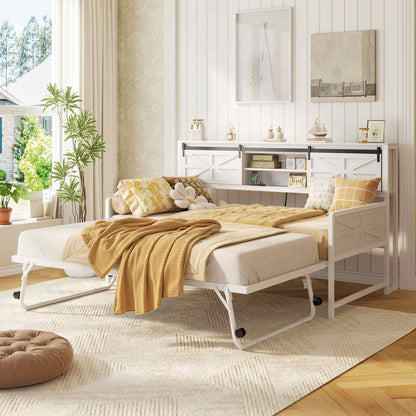 Twin Size Daybed with Trundle, Daybed with Charging Station & Storage Headboard, Heavy Duty Metal Sofa Bed Frame with Pop-up Trundle