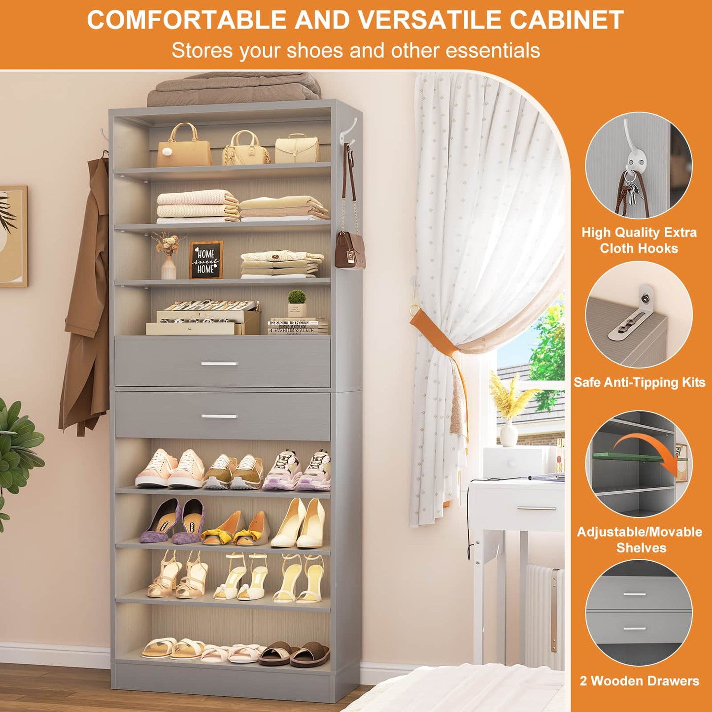 10-Tier Shoe Cabinet with 2 Drawers, 65cm Width Freestanding Closet Organizer