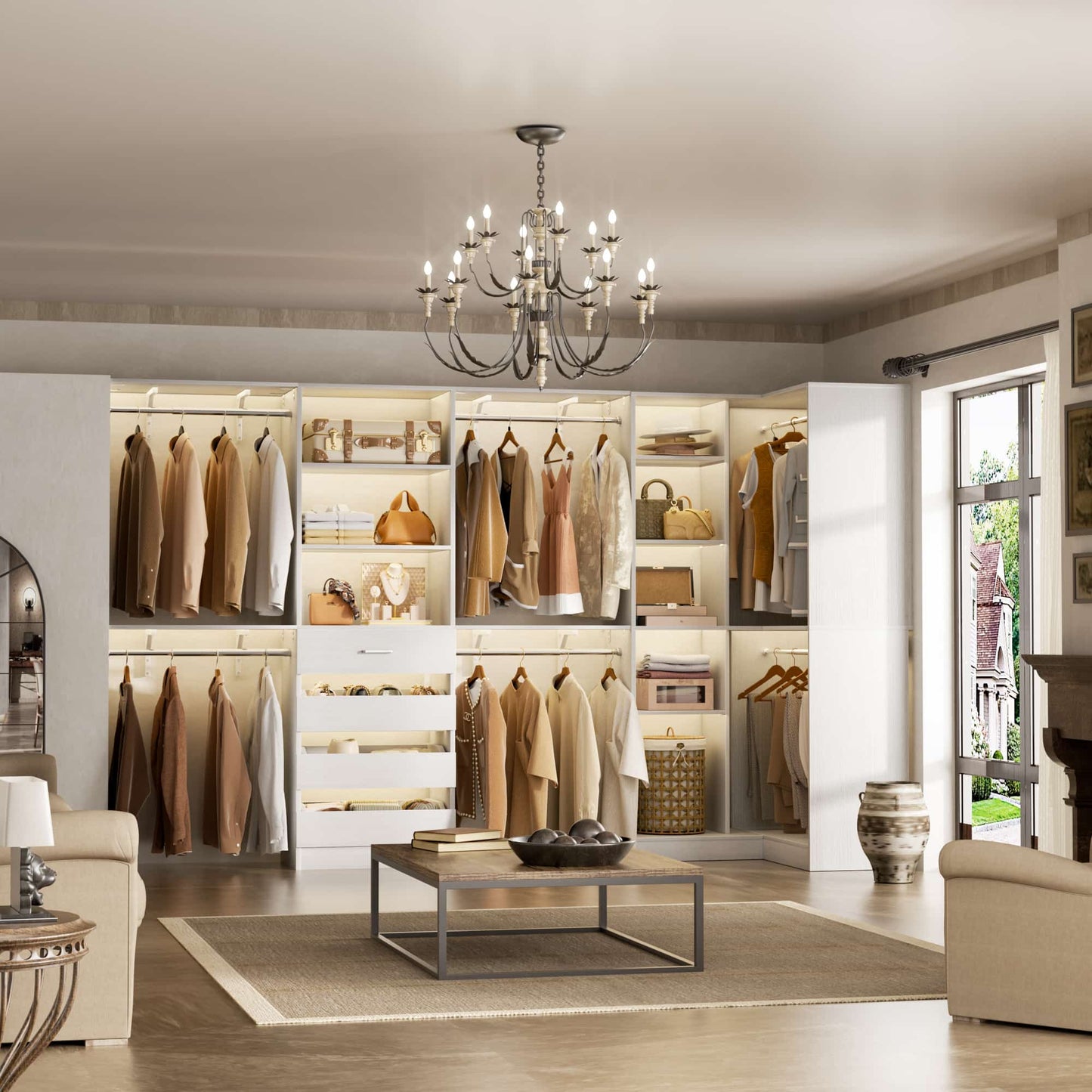 96"-128" 2-Piece Freestanding Closet System, Corner Wardrobe Organizer with Drawers & Shelves for Bedroom/Living Room
