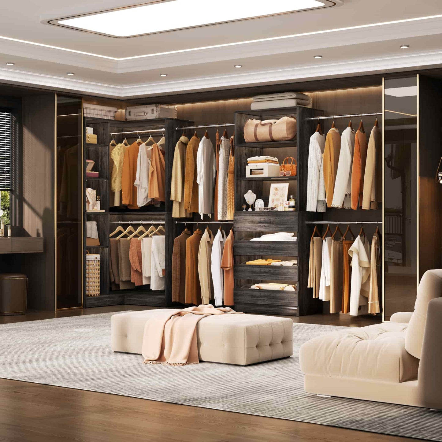 58"-152" Freestanding Closet System, Wardrobe Organizer with Drawers & Shelves, Corner Storage Unit for Bedroom/Living Room
